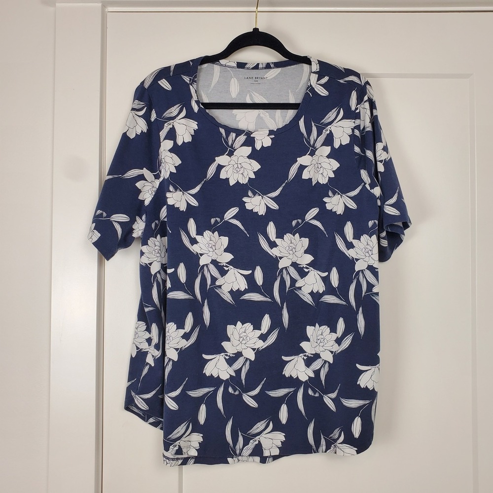 Lane Bryant Floral T-Shirt Womens 18/20 Blue White Short Sleeve Scoop Neck Tunic